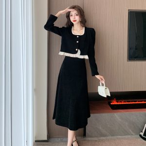Women's Two-Piece Corduroy Skirt Set with Long Sleeve Top
