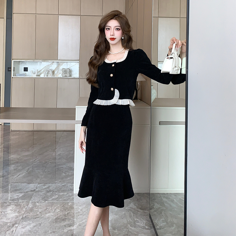 Autumn Winter Ruffle Spliced Corduroy Sweet Slimming Fishtail Two Piece Skirt Set - Image 2