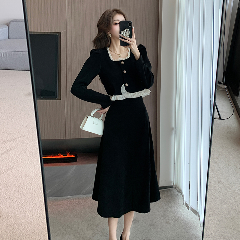 Autumn Winter Ruffle Spliced Corduroy Sweet Slimming Fishtail Two Piece Skirt Set - Image 4