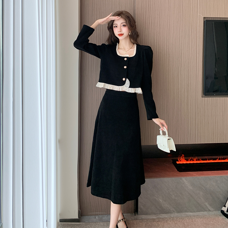 Autumn Winter Ruffle Spliced Corduroy Sweet Slimming Fishtail Two Piece Skirt Set - Image 3