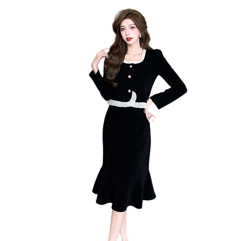 Autumn Winter Ruffle Spliced Corduroy Sweet Slimming Fishtail Two Piece Skirt Set - Image 5