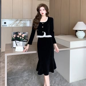 Autumn Winter Ruffle Spliced Corduroy Sweet Slimming Fishtail Two Piece Skirt Set
