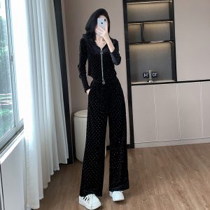 Women's Velvet Rhinestone Hooded Zip Cardigan and Pants Two-Piece Set