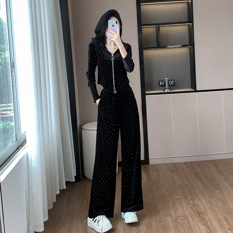 Women's Velvet Rhinestone Hooded Zip Cardigan and Pants Two-Piece Set