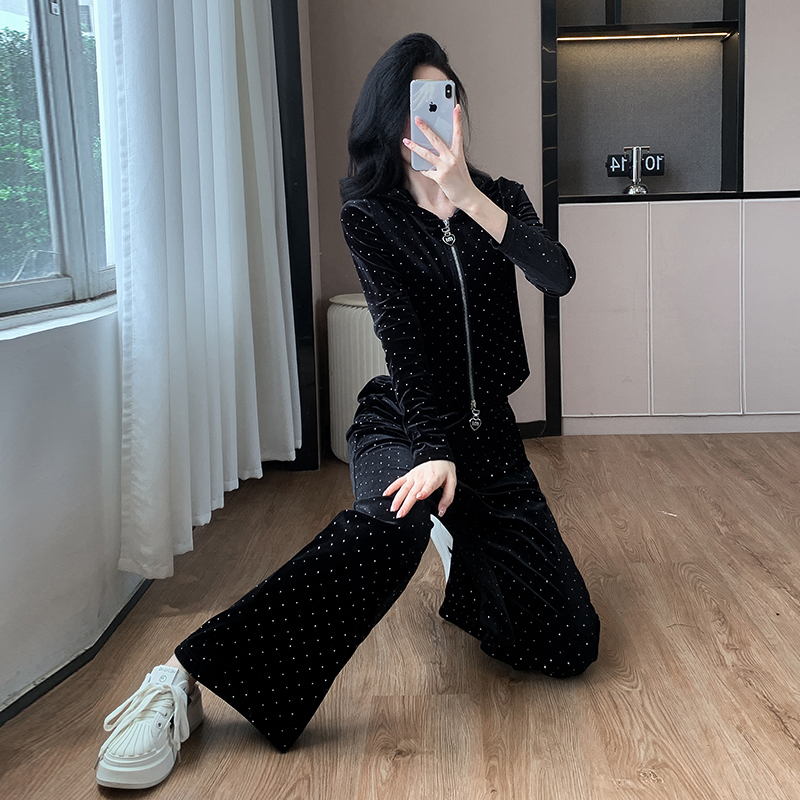 Women's Velvet Rhinestone Hooded Zip Cardigan and Pants Two-Piece Set - Image 4