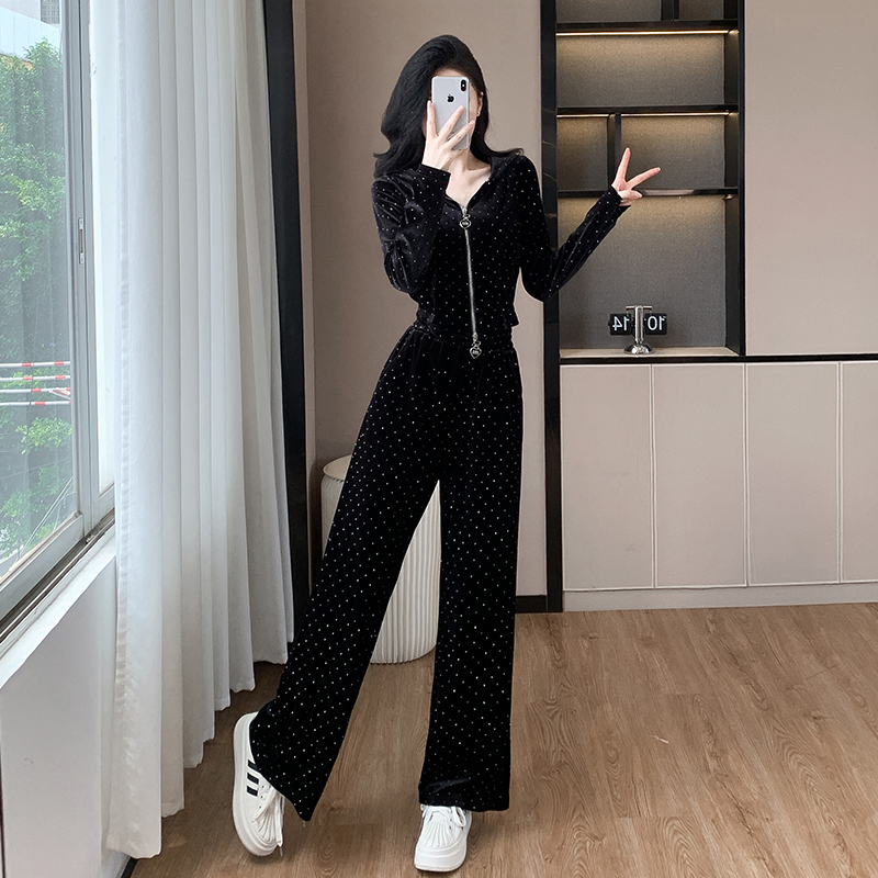 Women's Velvet Rhinestone Hooded Zip Cardigan and Pants Two-Piece Set - Image 3