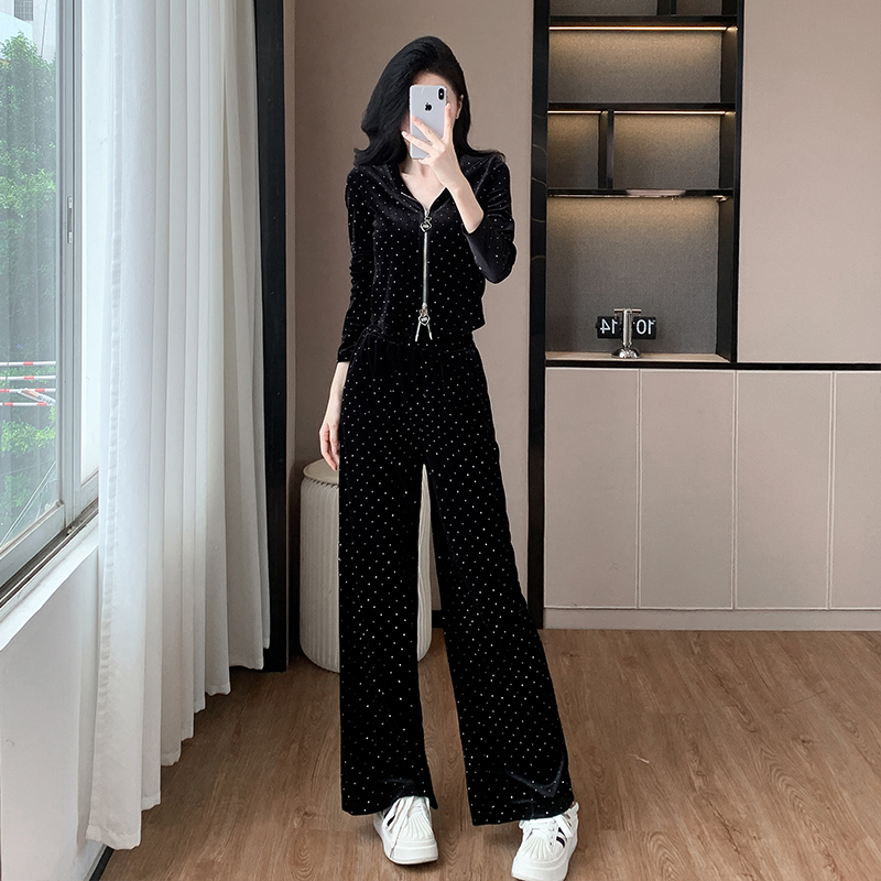 Women's Velvet Rhinestone Hooded Zip Cardigan and Pants Two-Piece Set - Image 2