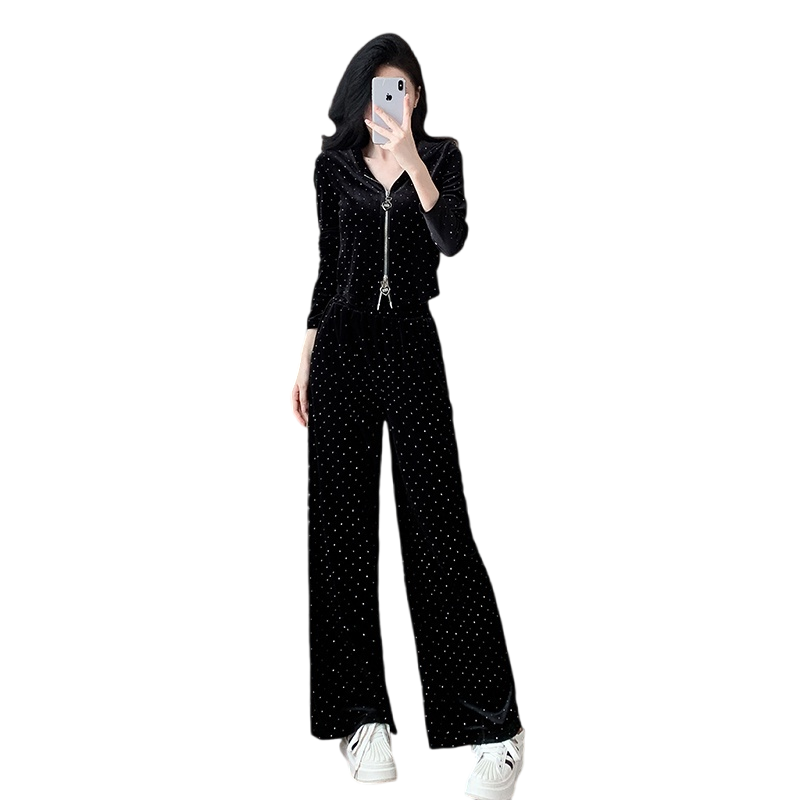 Women's Velvet Rhinestone Hooded Zip Cardigan and Pants Two-Piece Set - Image 5