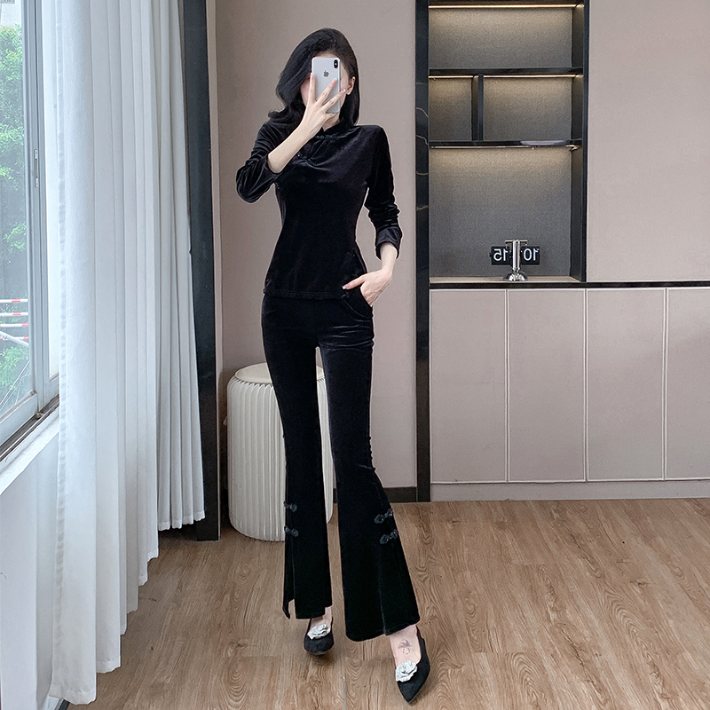 Women's Velvet Flared Pants Tang Suit Set with Frog Buttons Chinese Style Long Pants Two-Piece - Image 2