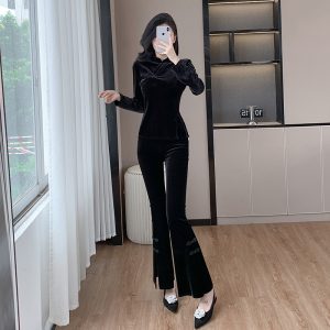 Women's Velvet Flared Pants Tang Suit Set with Frog Buttons Chinese Style Long Pants Two-Piece
