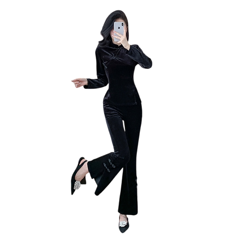 Women's Velvet Flared Pants Tang Suit Set with Frog Buttons Chinese Style Long Pants Two-Piece - Image 5