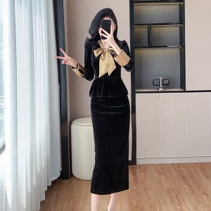Elegant Velvet Bow Fishtail Top and Split Skirt Two-Piece Set