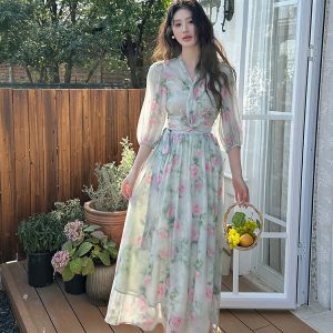2026 New Floral Chiffon Two-Piece Dress Set with V-Neck and Cross Straps