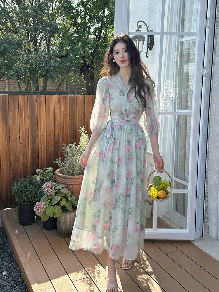 2026 New Floral Chiffon Two-Piece Dress Set with V-Neck and Cross Straps
