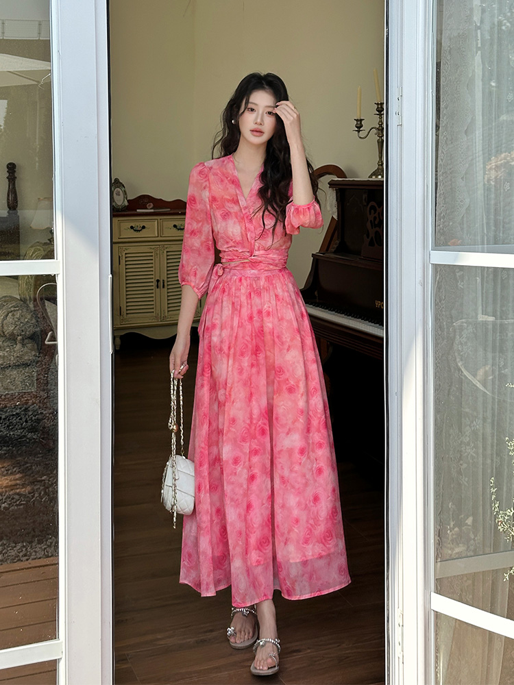 2026 New Floral Chiffon Two-Piece Dress Set with V-Neck and Cross Straps - Image 3