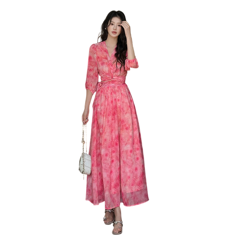 2026 New Floral Chiffon Two-Piece Dress Set with V-Neck and Cross Straps - Image 5