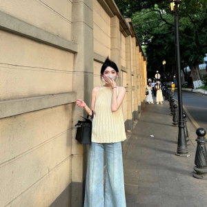 Women's Pleated Round Neck Sleeveless Halter Top Summer French Style