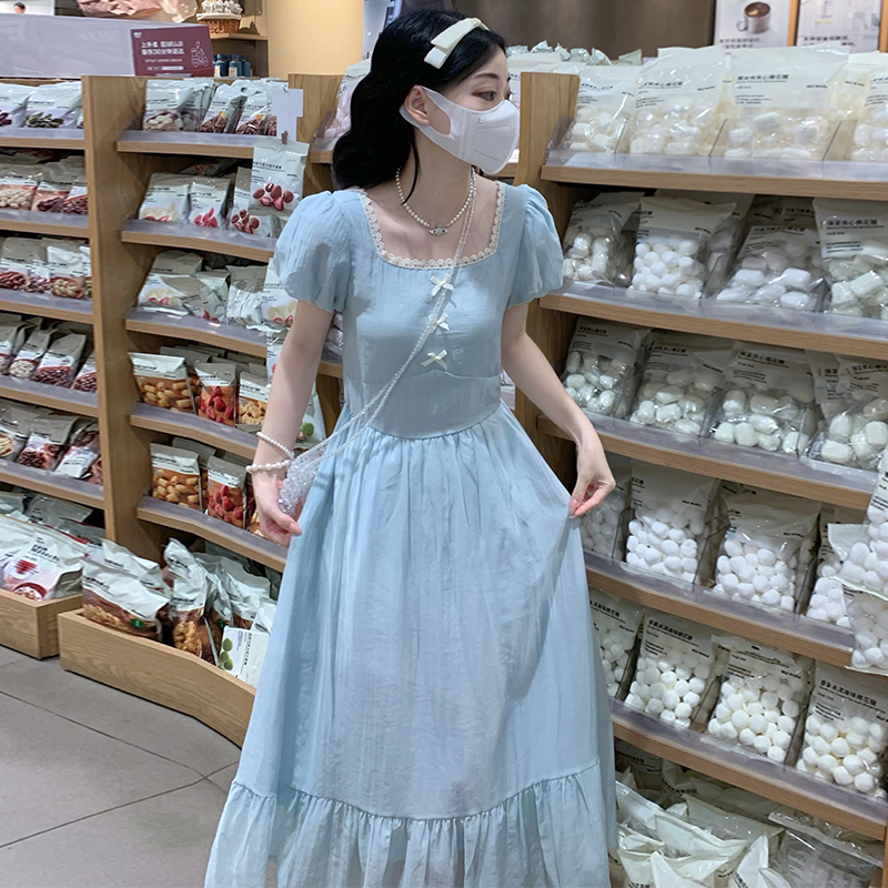 French Vintage Square Neck Puff Sleeve Cinched Waist Long Dress - Image 2