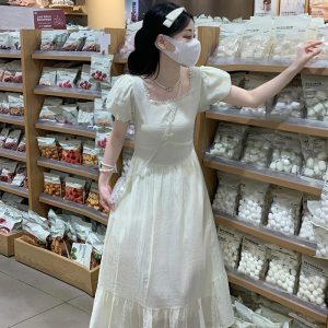 French Vintage Square Neck Puff Sleeve Cinched Waist Long Dress