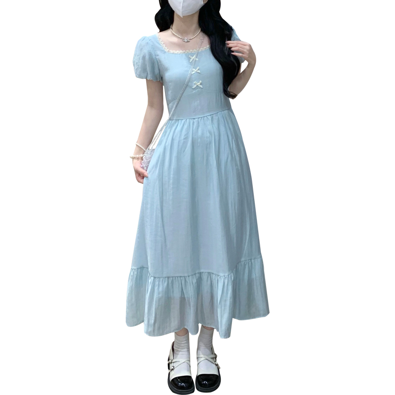 French Vintage Square Neck Puff Sleeve Cinched Waist Long Dress - Image 5