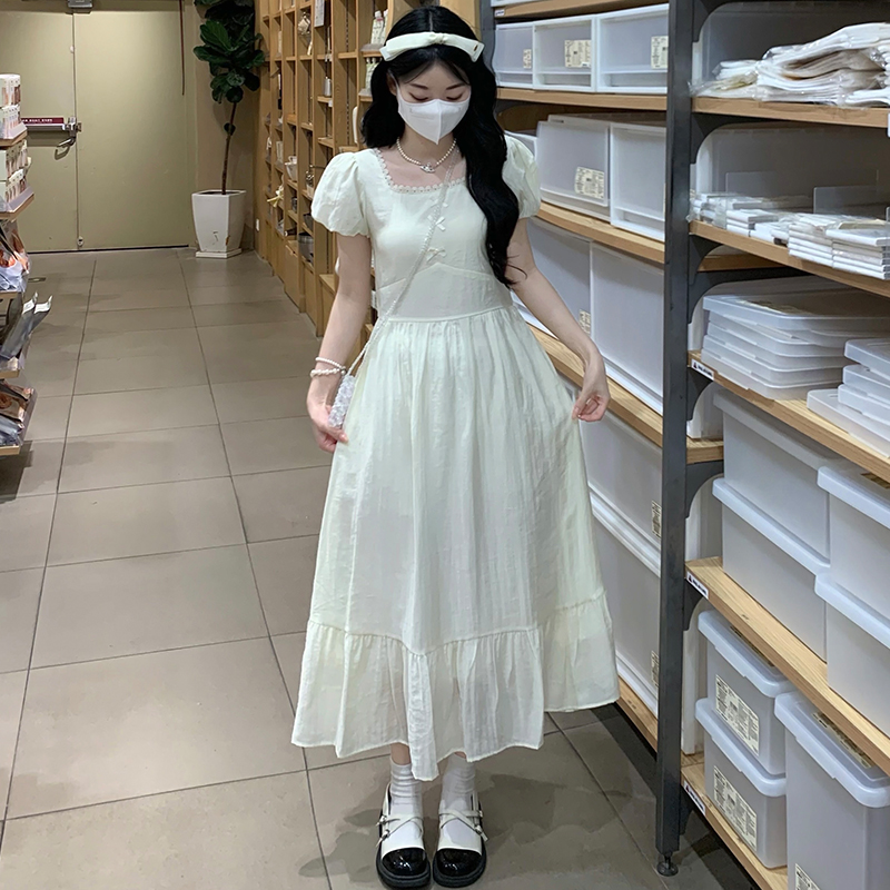 French Vintage Square Neck Puff Sleeve Cinched Waist Long Dress - Image 3