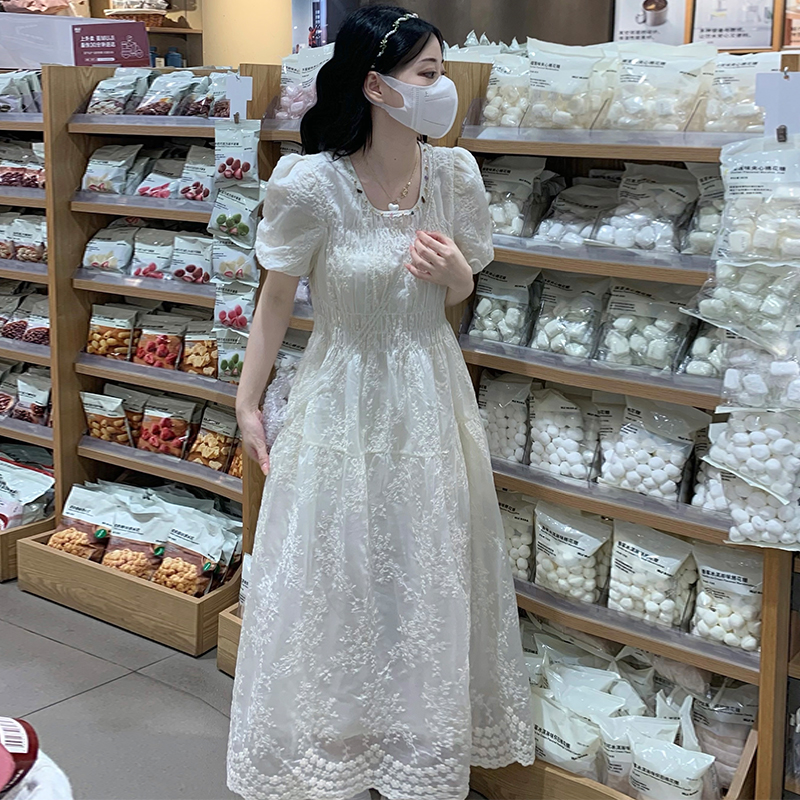 White Lace Dress French Style Embroidered Long Dress - Image 2