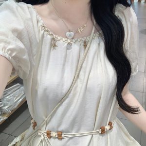 Square Neck Puff Sleeve Midi Dress with Beaded Belt Summer New