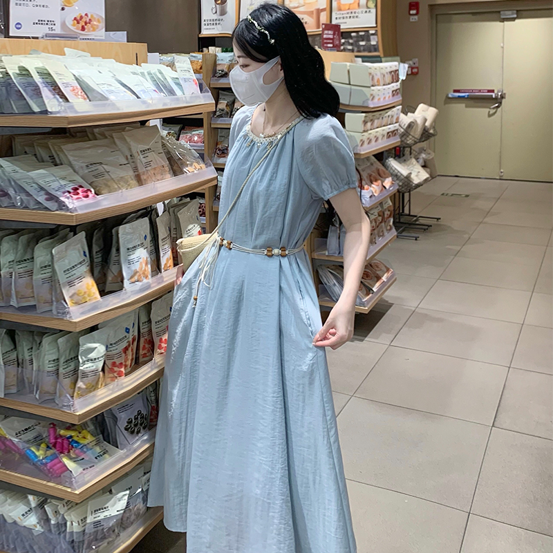 Square Neck Puff Sleeve Midi Dress with Beaded Belt Summer New - Image 4