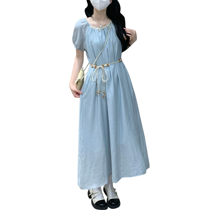 Square Neck Puff Sleeve Midi Dress with Beaded Belt Summer New - Image 5