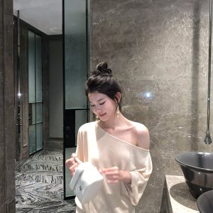 Gentle Elegant Tencel Off-Shoulder Knit Short-Sleeve Top for Women Summer Versatile