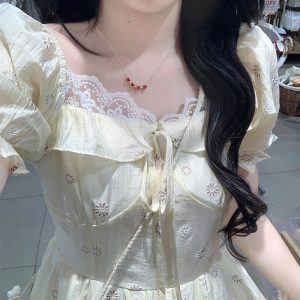 New Lace Square Neck Puff Sleeve Niche Design Long Dress