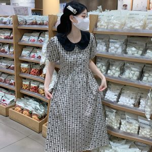 Floral Polka Dot Doll Collar Plaid Dress with Puff Sleeves and Waist Tie