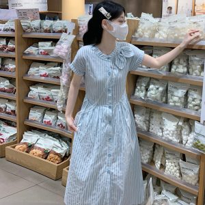Bow Blue and White Jacquard Preppy Style Long Dress with Pockets