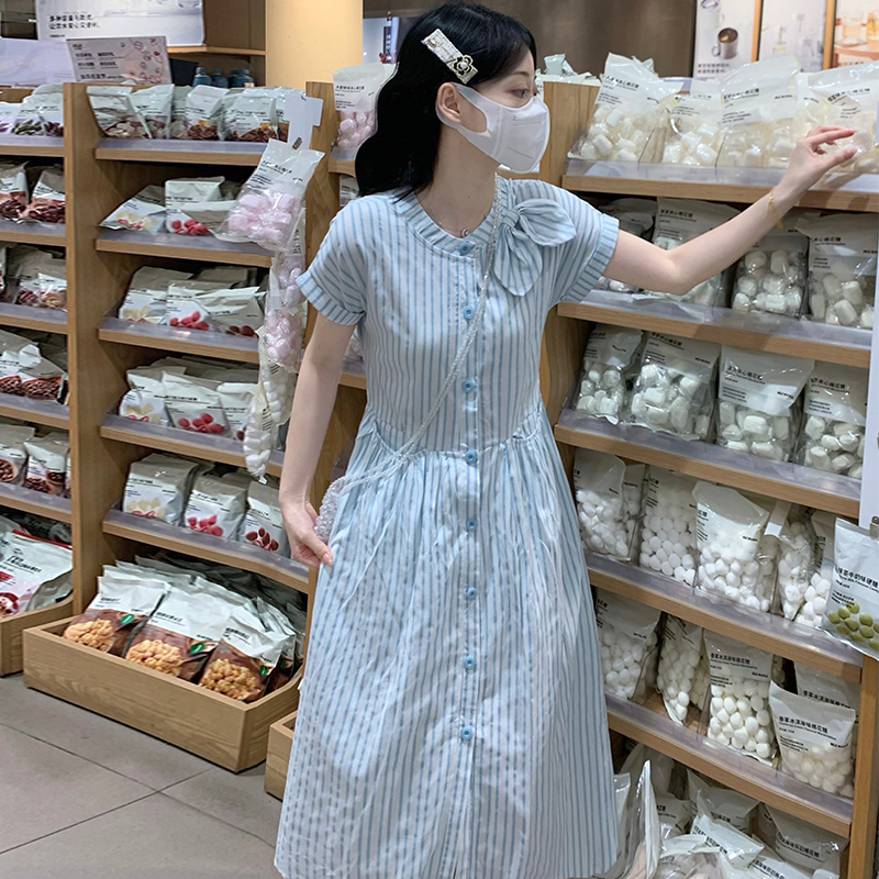 Bow Blue and White Jacquard Preppy Style Long Dress with Pockets