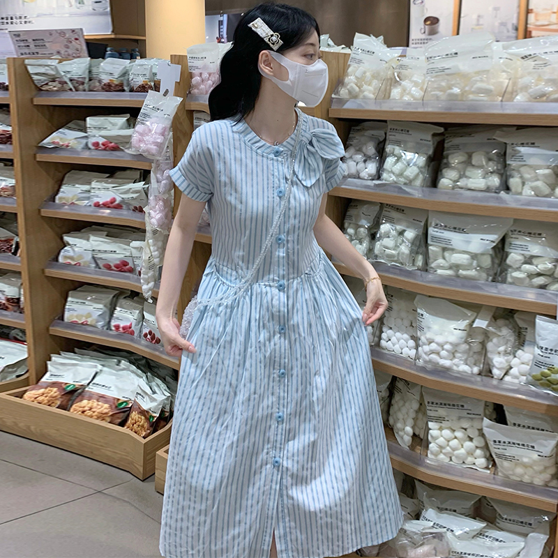 Bow Blue and White Jacquard Preppy Style Long Dress with Pockets - Image 2