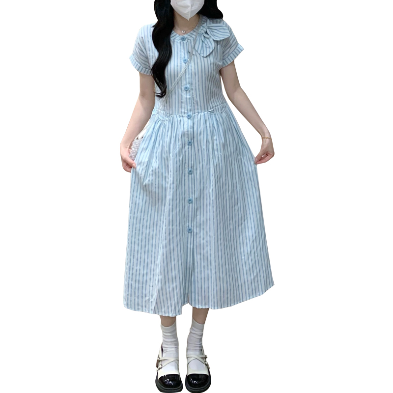 Bow Blue and White Jacquard Preppy Style Long Dress with Pockets - Image 5