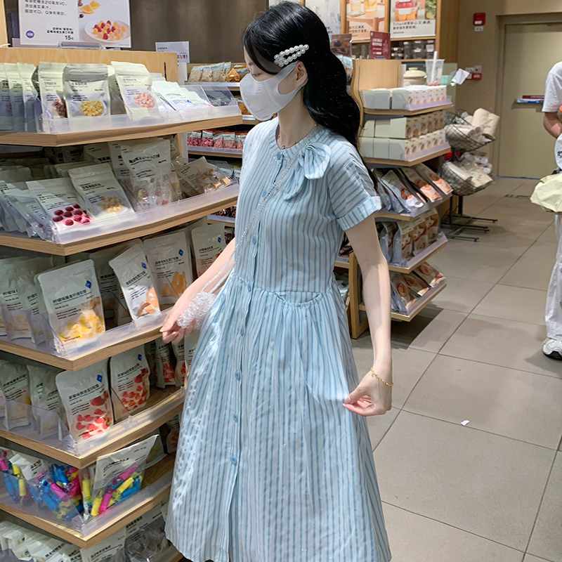 Bow Blue and White Jacquard Preppy Style Long Dress with Pockets - Image 4