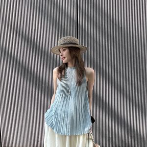 Women's Summer French Style Pleated Halter Top Sleeveless Loose Knit Vest