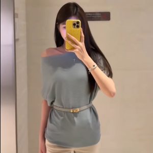 Asymmetric Off-Shoulder Batwing Sleeve Waist-Cinched Knit Top 2025 Summer Korean Style - Style 318ead