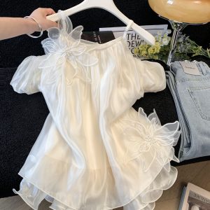 Women's Off-Shoulder Chiffon Cami Blouse with 3D Flowers - Sexy Sheer Summer Top