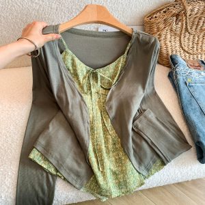 Green Floral Cami and Cardigan Two-Piece Set Summer Sun Protection