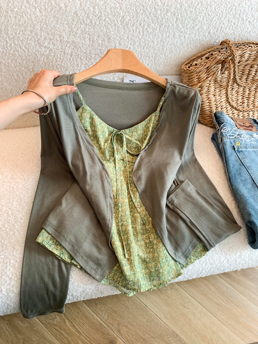 Green Floral Cami and Cardigan Two-Piece Set Summer Sun Protection