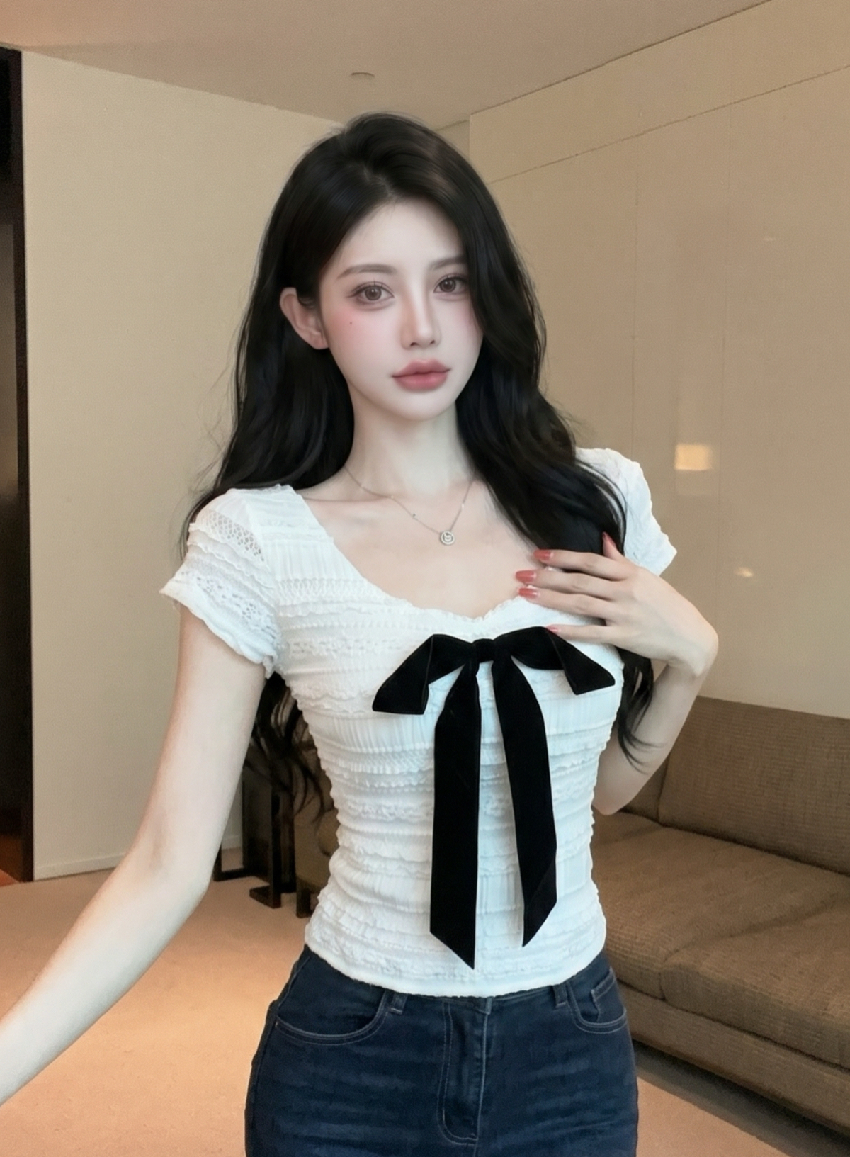 Women's White Bow V-Neck Jacquard Short Sleeve T-Shirt Summer Slim Fit Commuter Top - Image 3