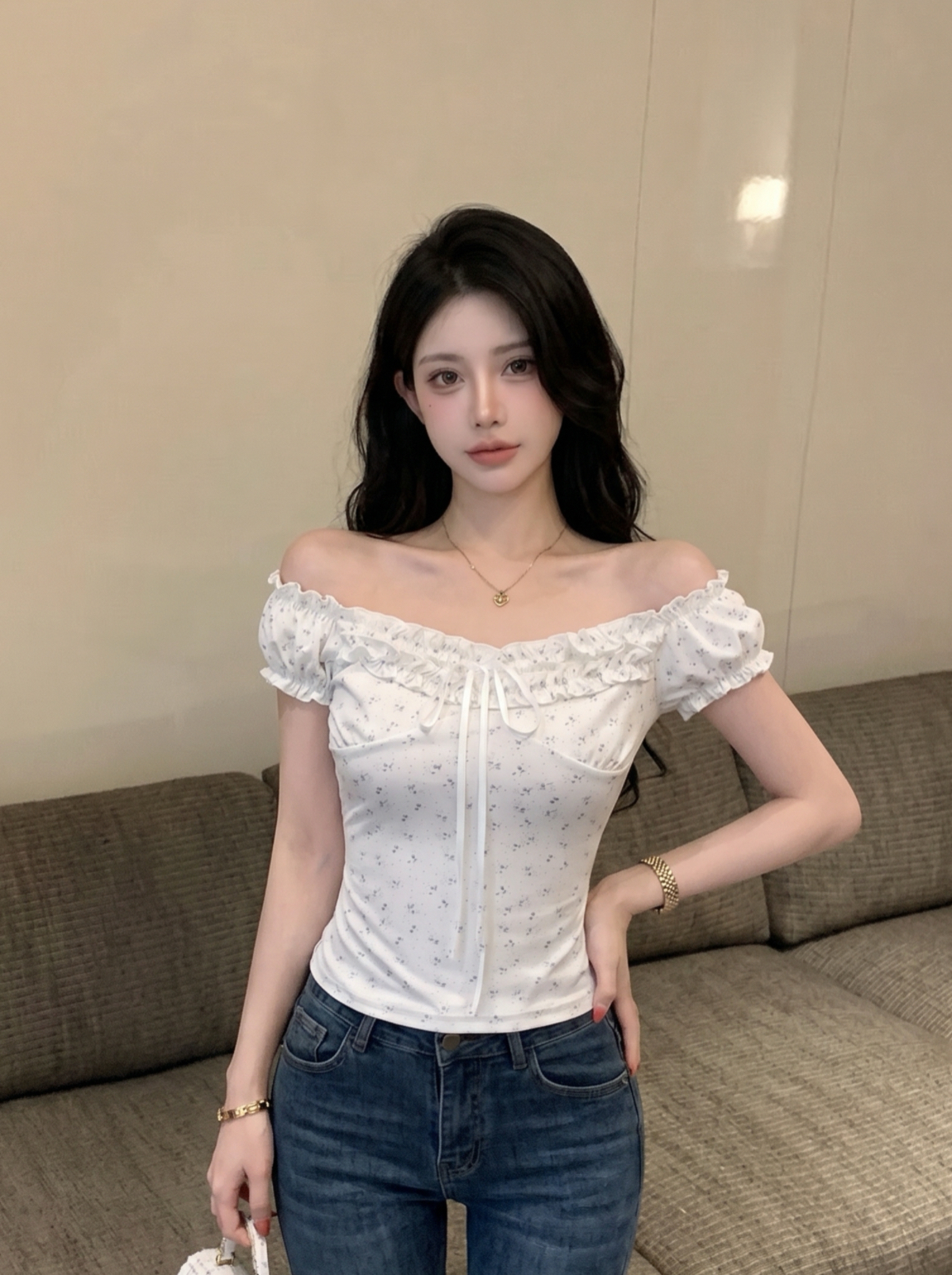 Women's Off-Shoulder Puff Sleeve Floral T-Shirt Summer White Ruffle Lace-Up Slim Fit Top - Image 4