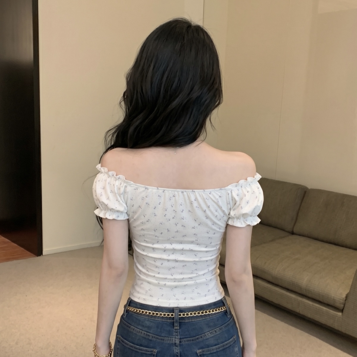 Women's Off-Shoulder Puff Sleeve Floral T-Shirt Summer White Ruffle Lace-Up Slim Fit Top - Image 5