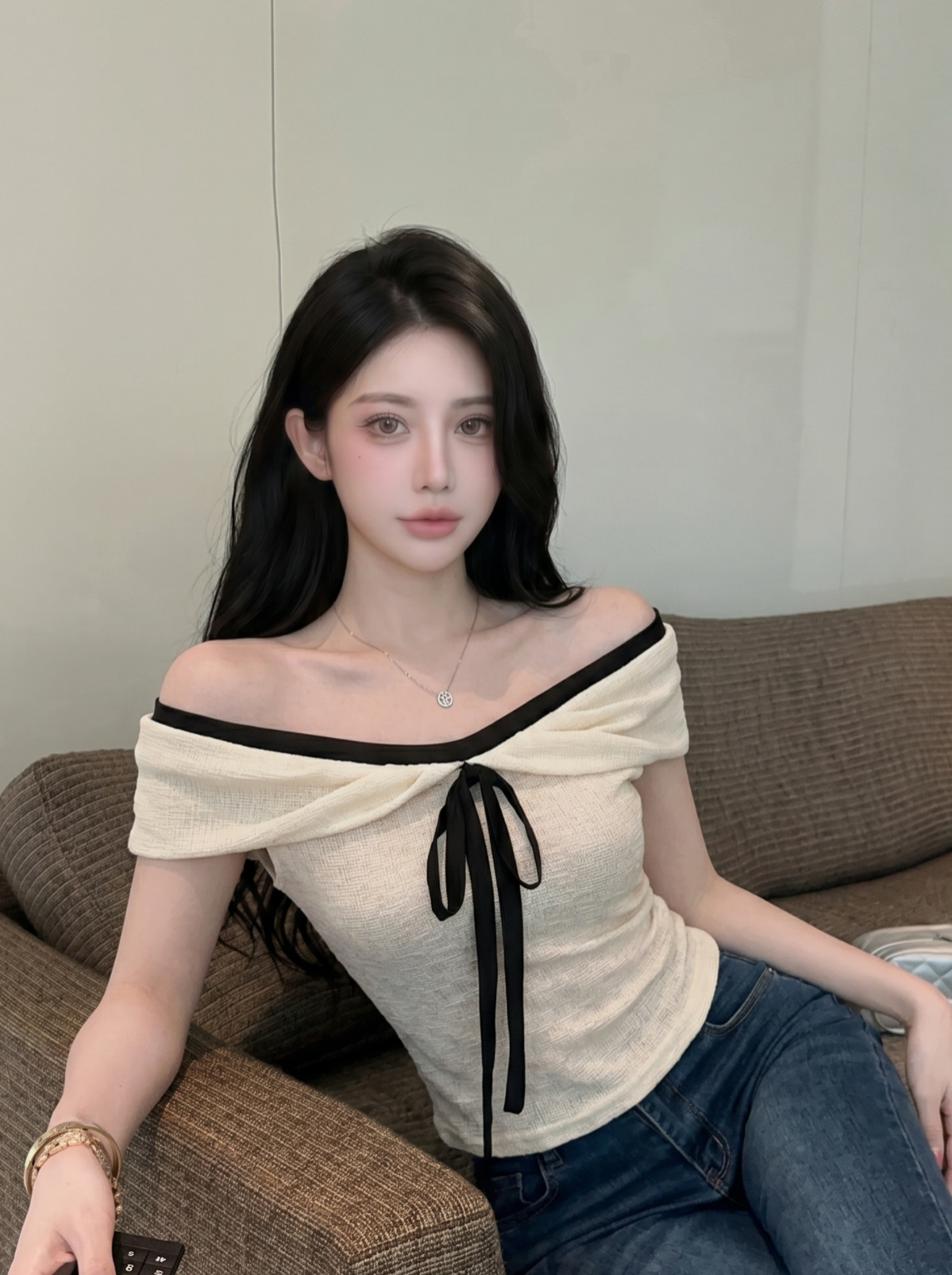 Women's Off-Shoulder Bow Tie T-Shirt Summer Gentle Style - Image 2