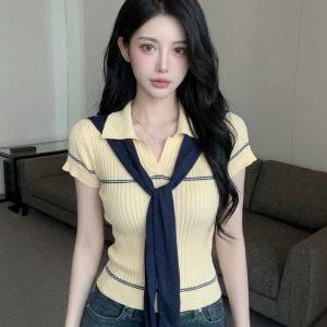 Preppy Color-Block Cape Short-Sleeve T-Shirt for Women Summer Slim-Fit Casual Top