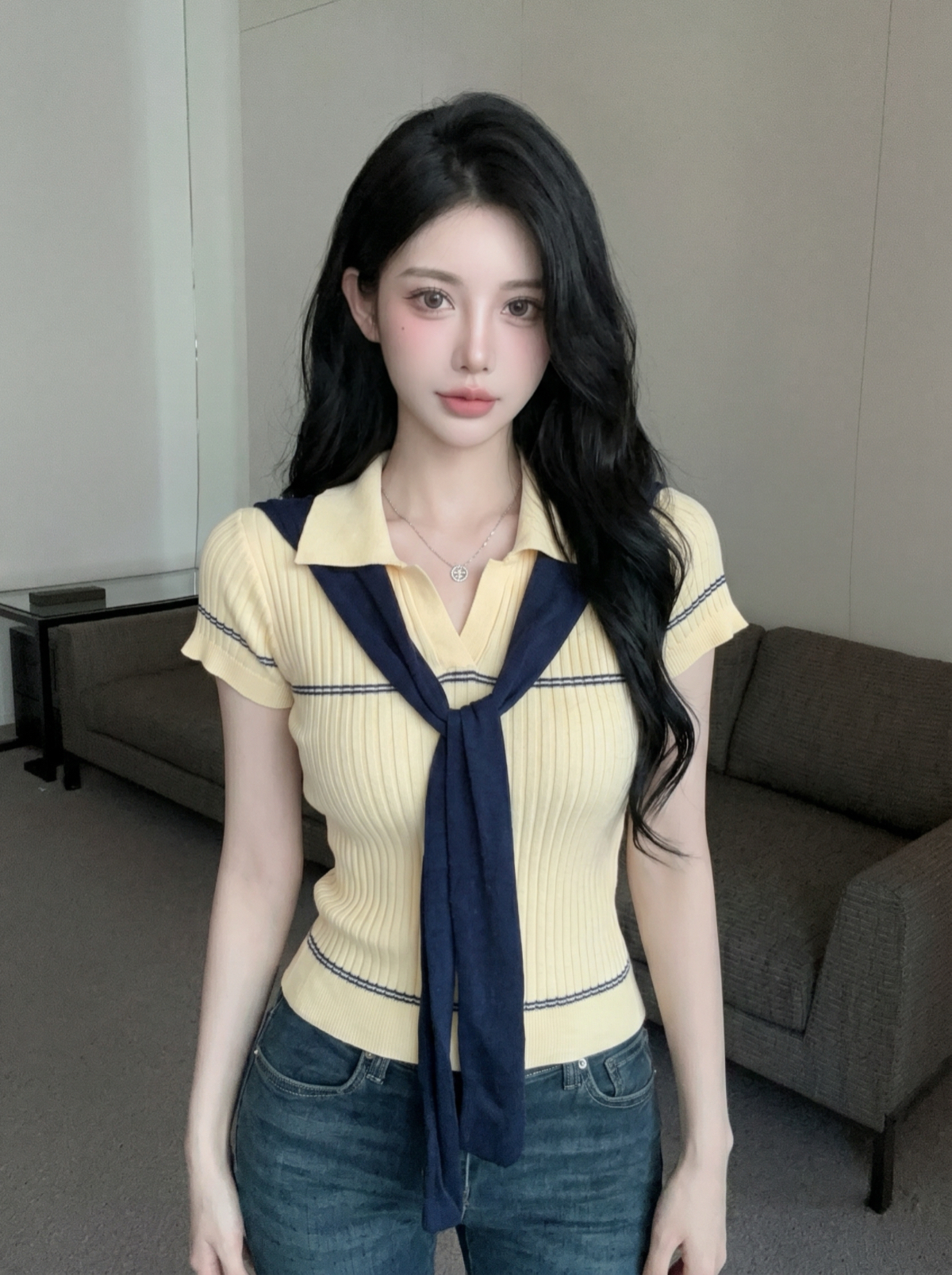 Preppy Color-Block Cape Short-Sleeve T-Shirt for Women Summer Slim-Fit Casual Top