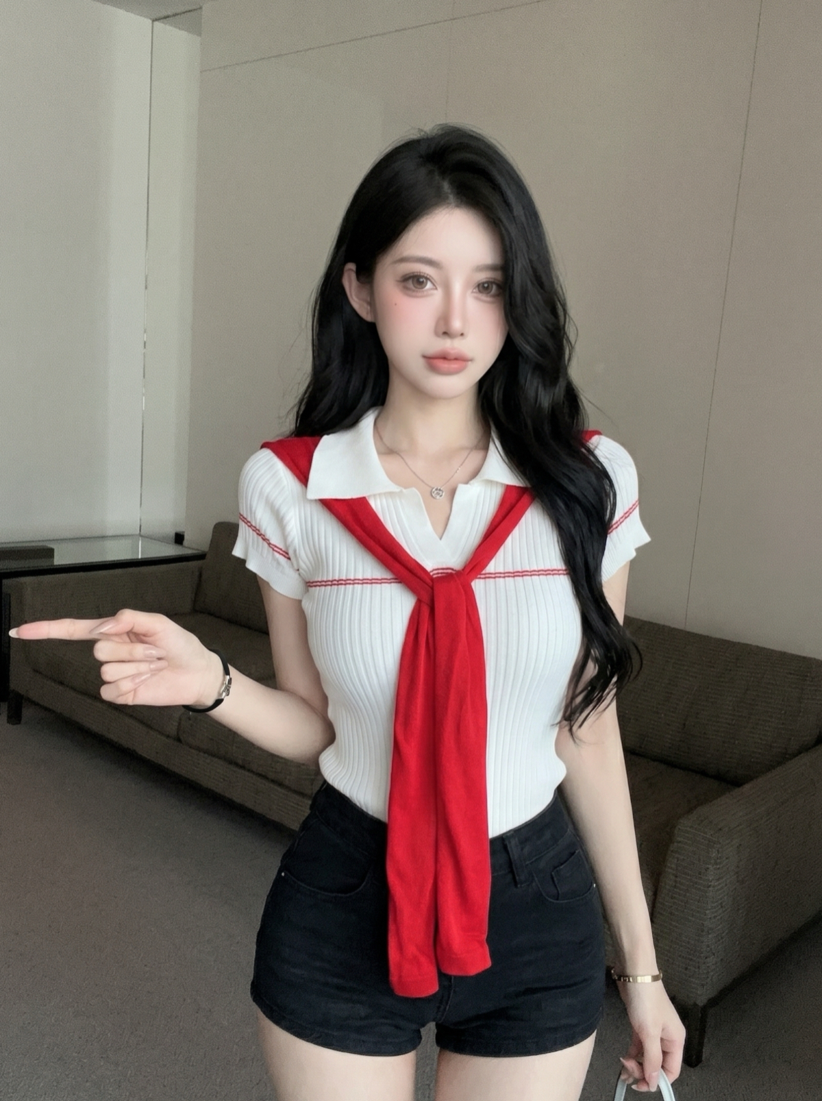 Preppy Color-Block Cape Short-Sleeve T-Shirt for Women Summer Slim-Fit Casual Top - Image 3