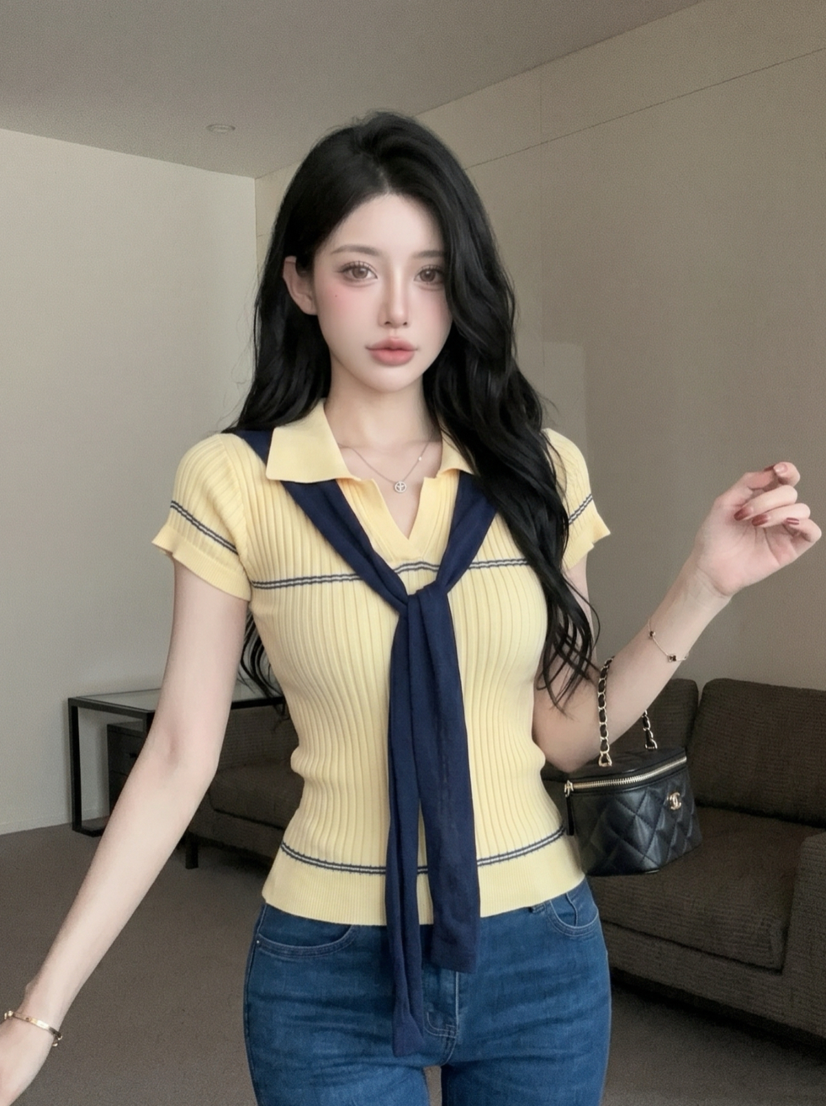 Preppy Color-Block Cape Short-Sleeve T-Shirt for Women Summer Slim-Fit Casual Top - Image 4